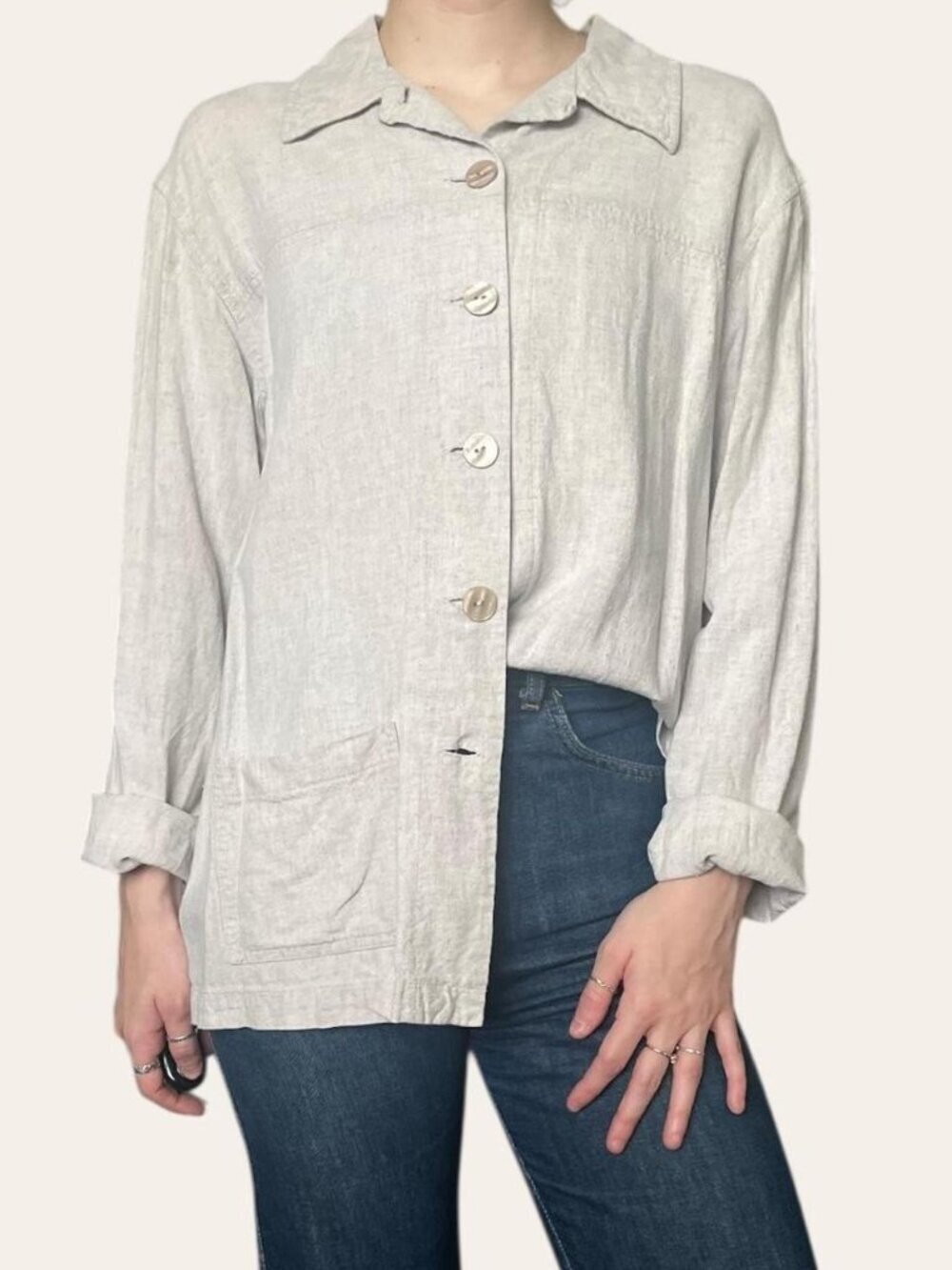 Van Heusen 90s/2000s vintage linen cream tan button up shirt - Large